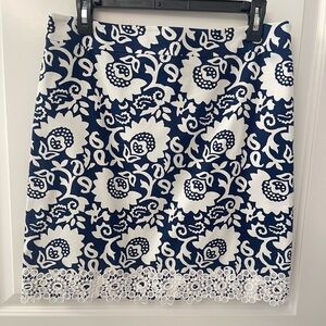 Talbots Navy and White Floral Lace-Trim Pencil Skirt